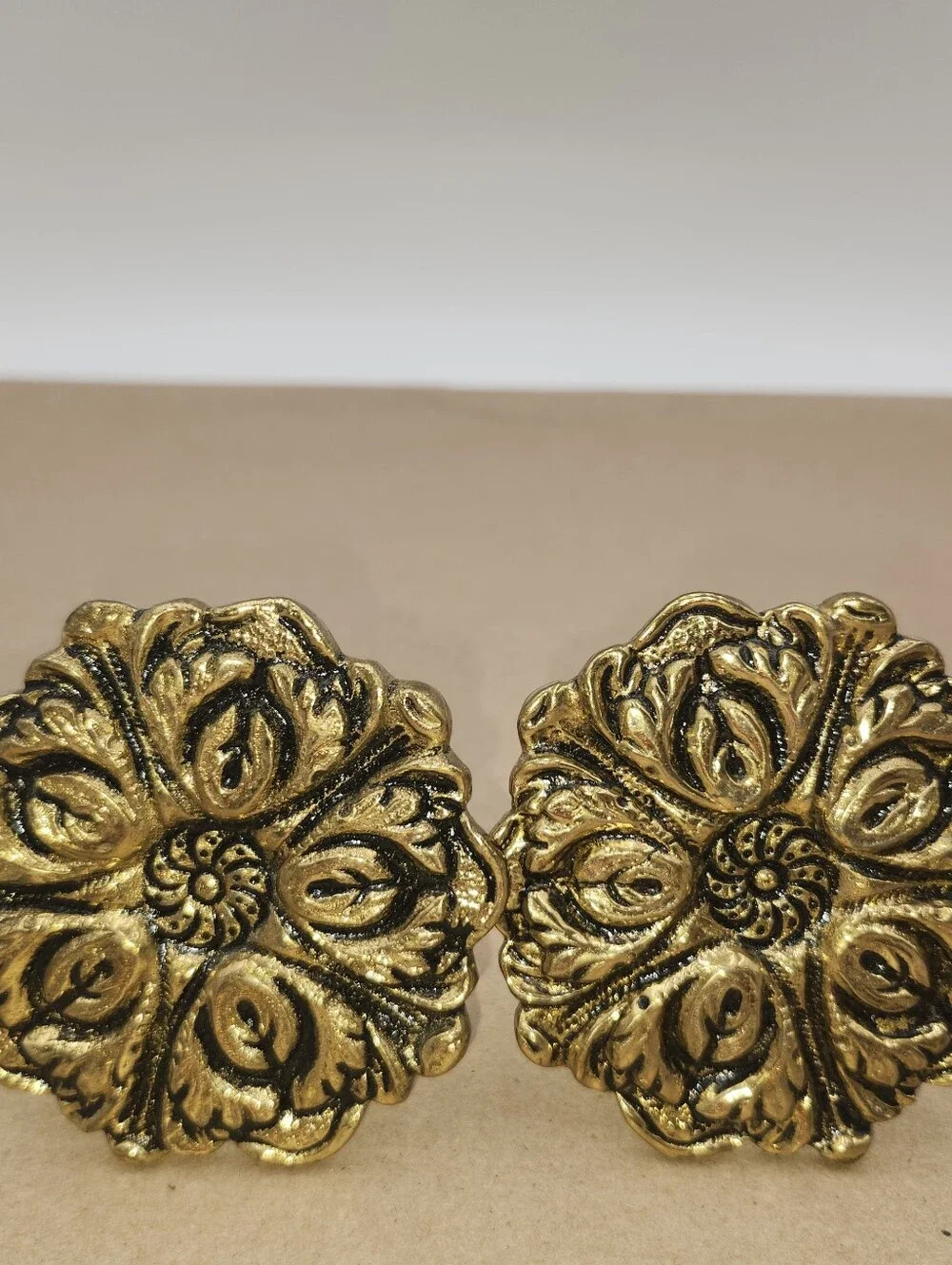 2 vintage antique brass metal gold curtain tie back flower medallion